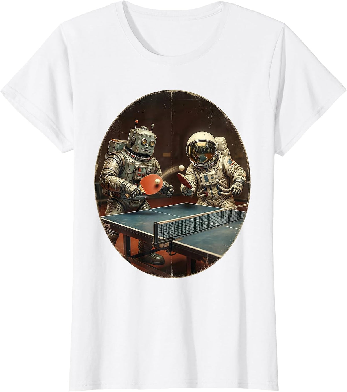 Robot and Astronaut Ping Pong Graphic T-Shirt - White