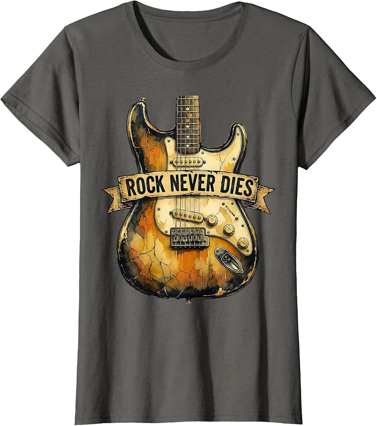 Women's Rock Never Dies Bold Music Graphic Design T-Shirt - Asphalt Grey