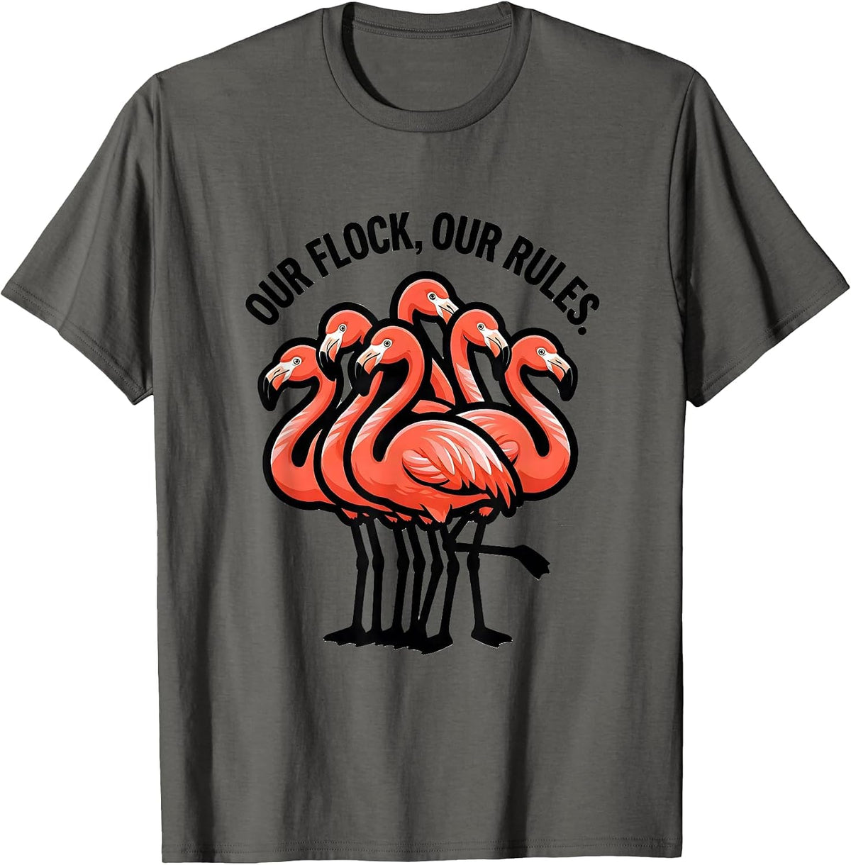 Our Flock Our Rules Funny Flamingo Novelty Bird Lover Gift T-Shirt - Asphalt Grey