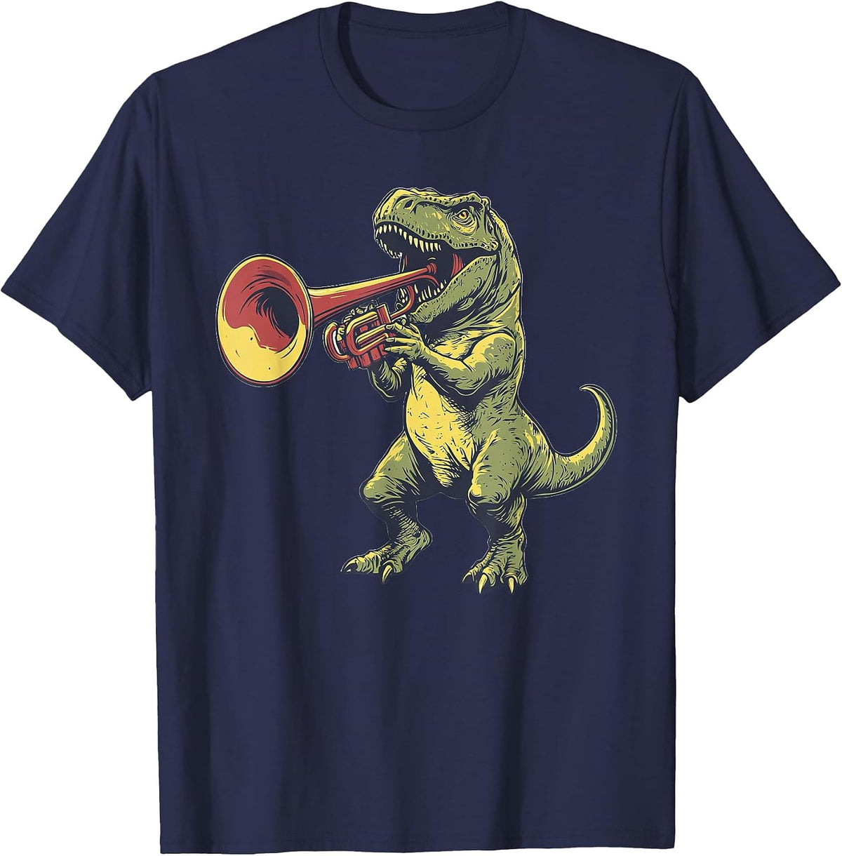 T-Rex Dinosaur Playing Trumpet Musician Music T-Shirt - Navy Blue