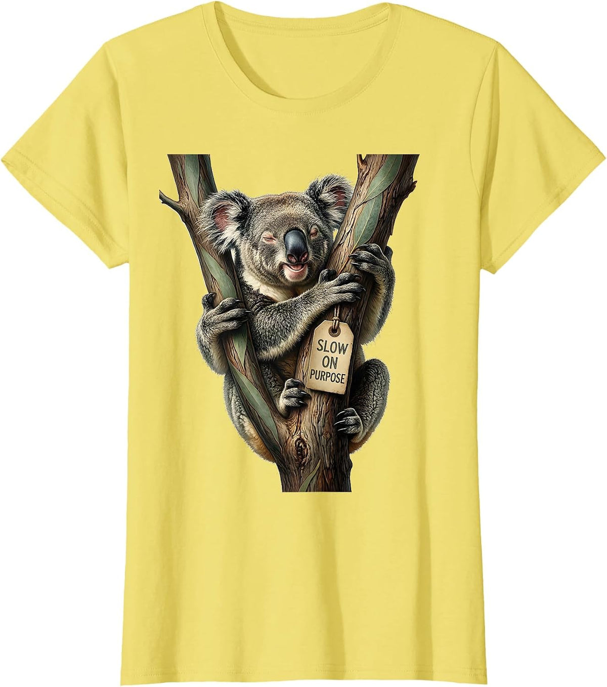 Women's Slow On Purpose Botanical Koala Animal Lover Pun Humor T-Shirt - Lemon Yellow