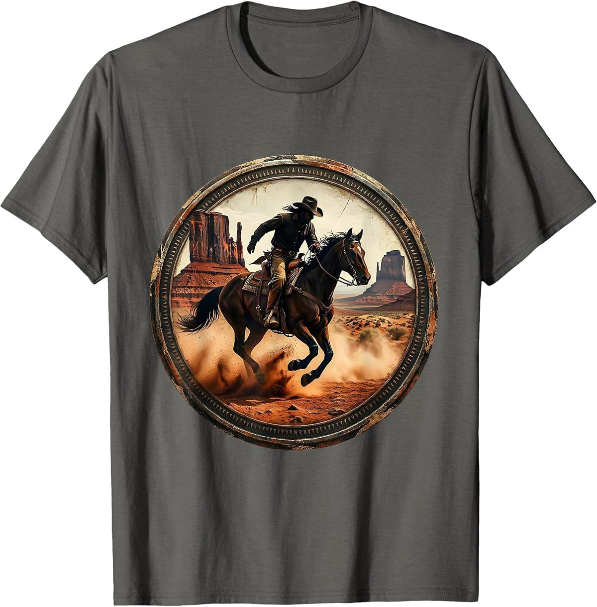 Men's Cowboy Riding Horse Through Canyon Dust T-Shirt - Asphalt Grey