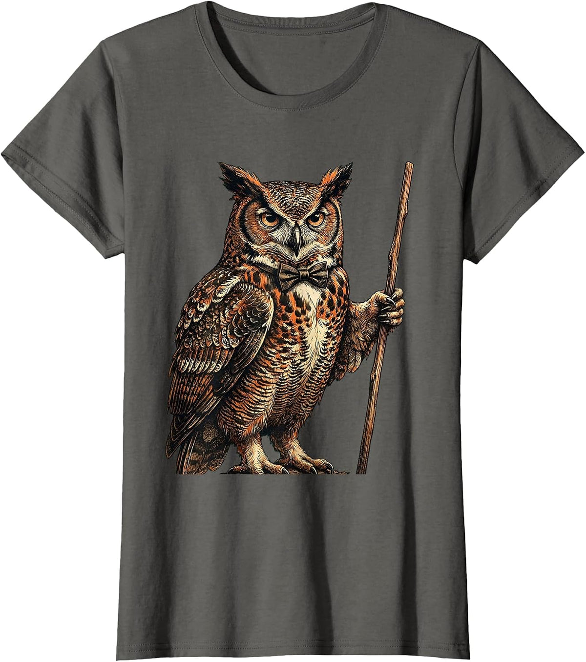 Women's Owl Professor Bow Tie Pointer Illustration T-Shirt - Asphalt Grey
