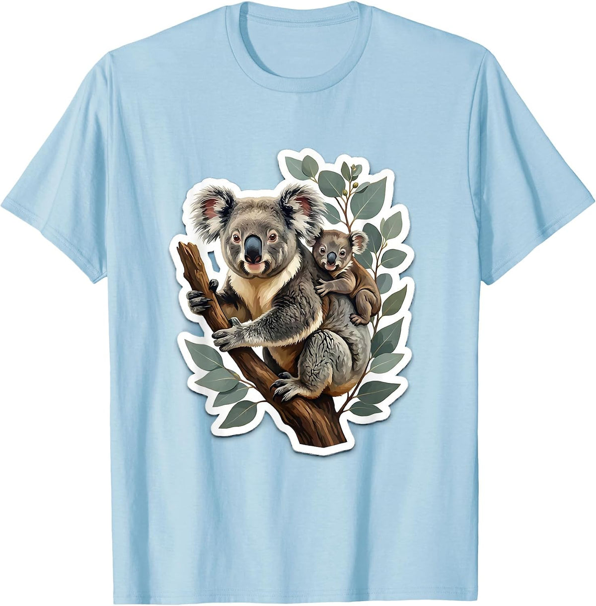 Mother Koala and Baby Clinging to Tree Design T-Shirt - Baby Blue