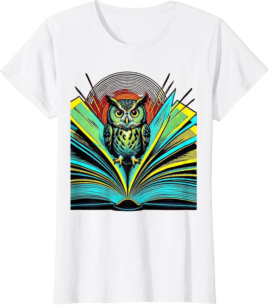 Women's English Teacher Owl Open Book Illustration T-Shirt - White