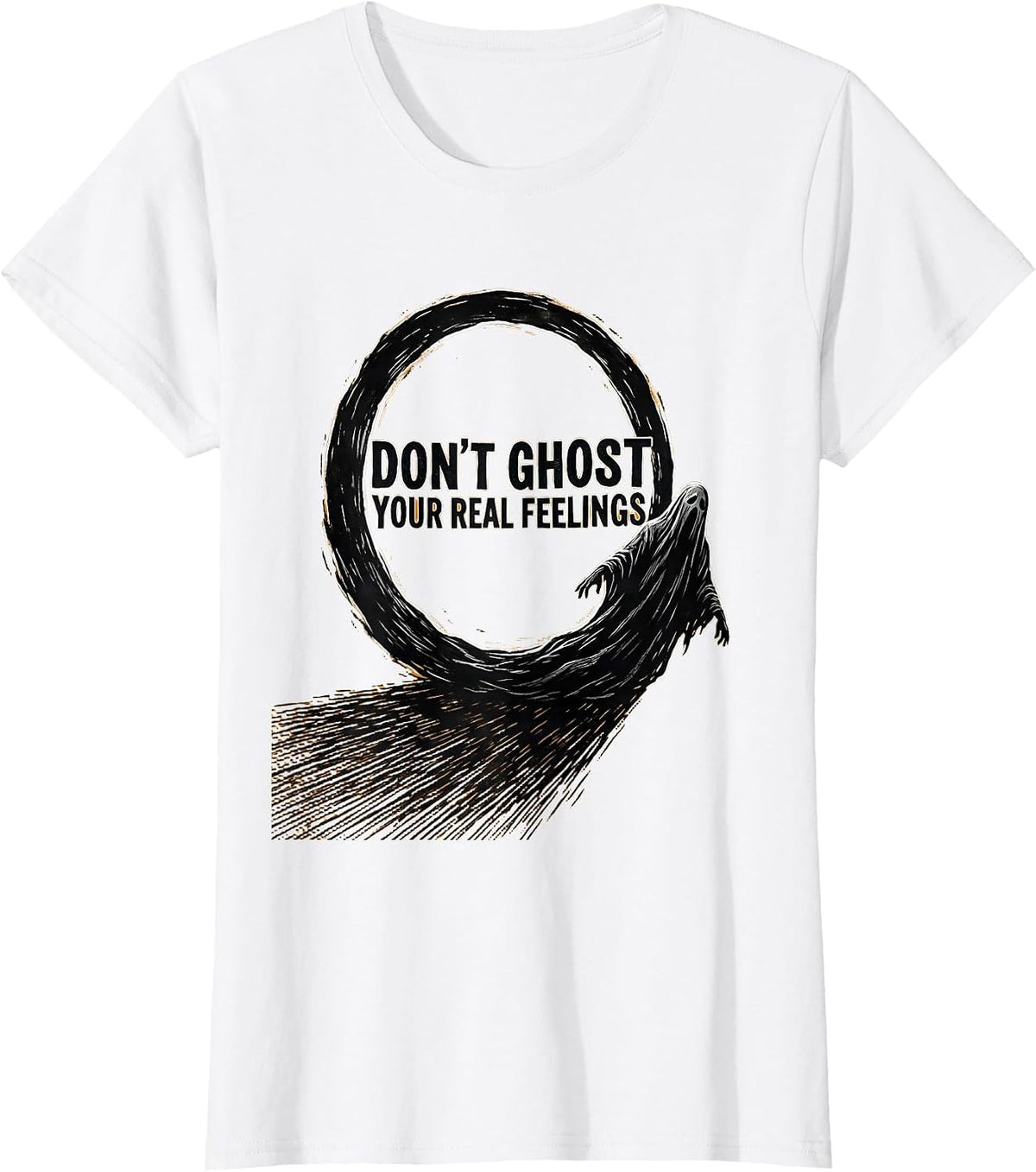 Don't Ghost Your Real Feelings Linocut Halloween Mental T-Shirt - White