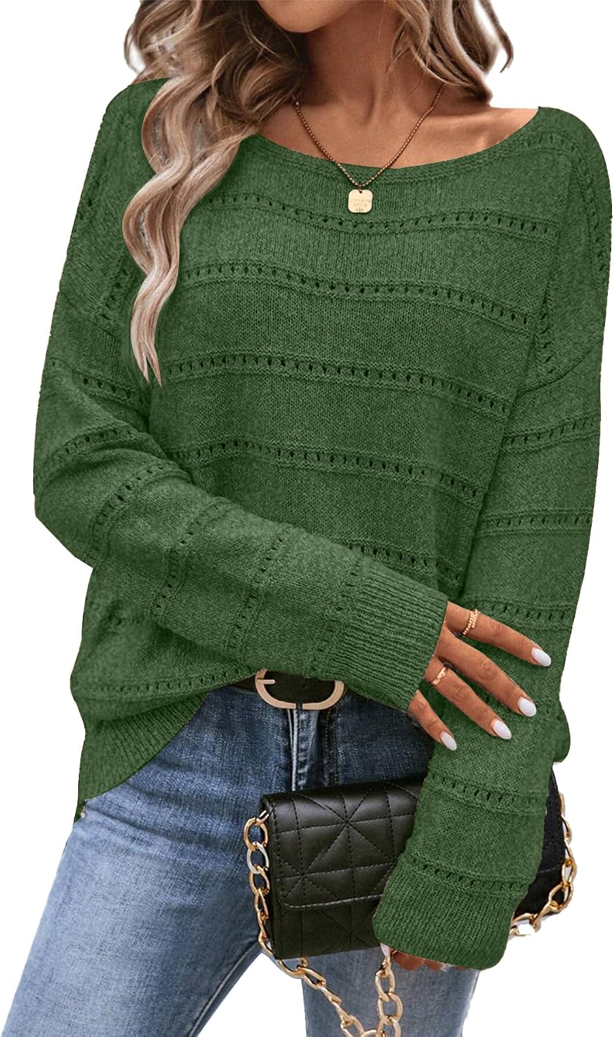 Women's Sweater Soft Boat Neck Long Sleeve Oversized Sweaters Crochet Pullover Knit Tops - Dark Green