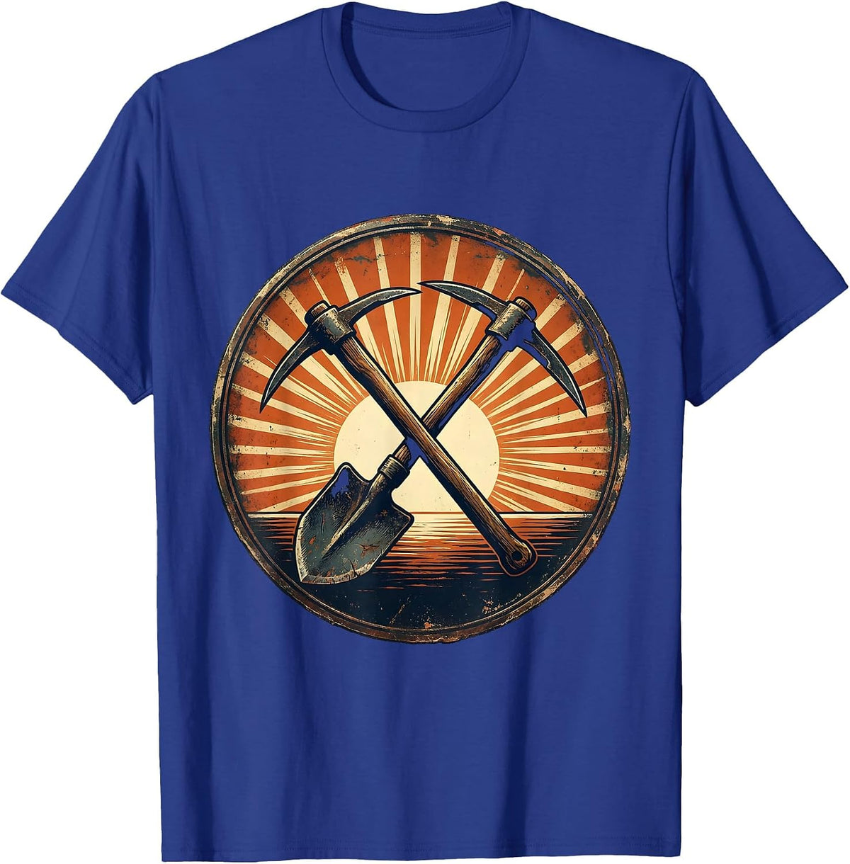 Labor Day Pickaxe Shovel Rising Sun Graphic T-Shirt - Royal Blue