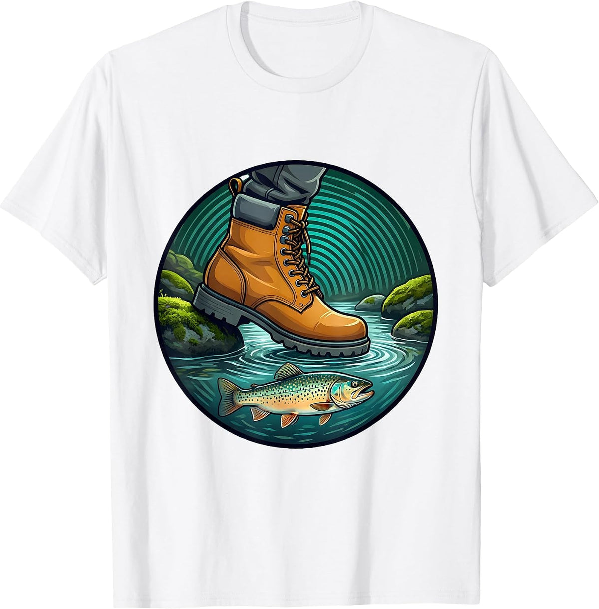 Rugged Stream Wading Trout Fishing Illustration T-Shirt - White
