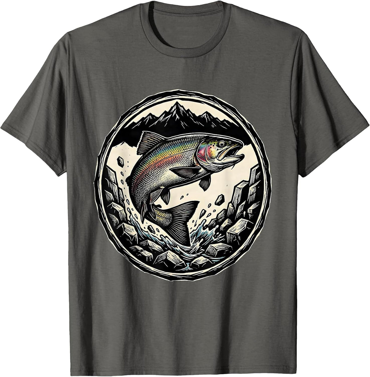 Trout Jumping Rocky Mountain Stream Fishing T-Shirt - Asphalt Grey