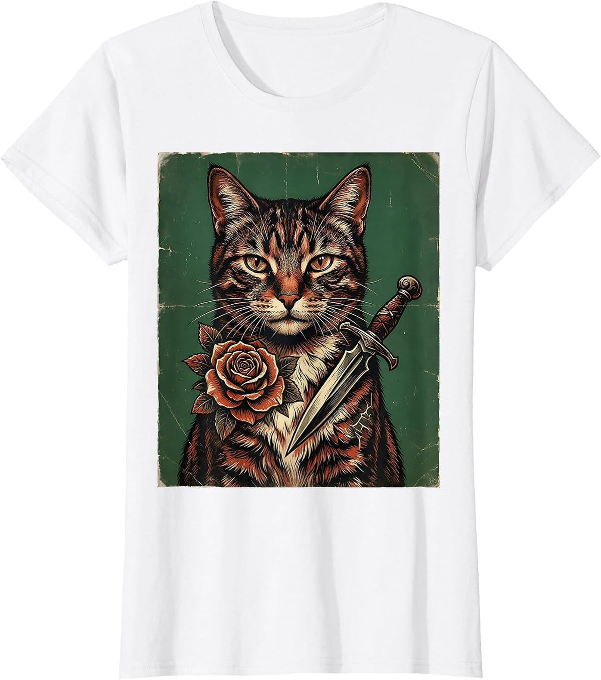 Tattooed Cat with Rose and Dagger Graphic T-Shirt - White