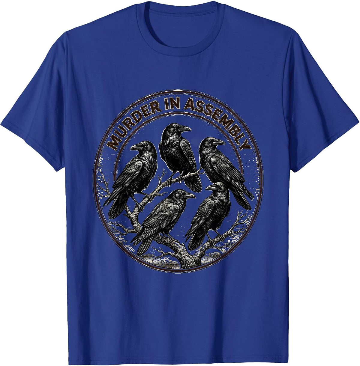 Men's Murder In Assembly Crosshatch Etching Crow Lover Bird Humor T-Shirt - Royal Blue