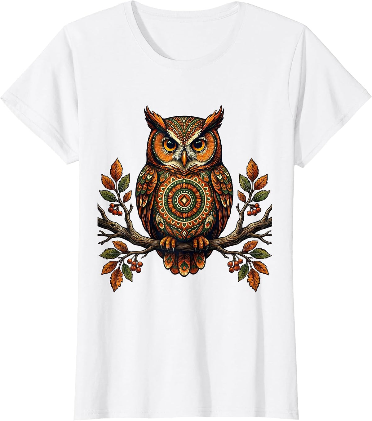 Women's Autumn Owl Perched on Bare Branch Fall Design T-Shirt - White