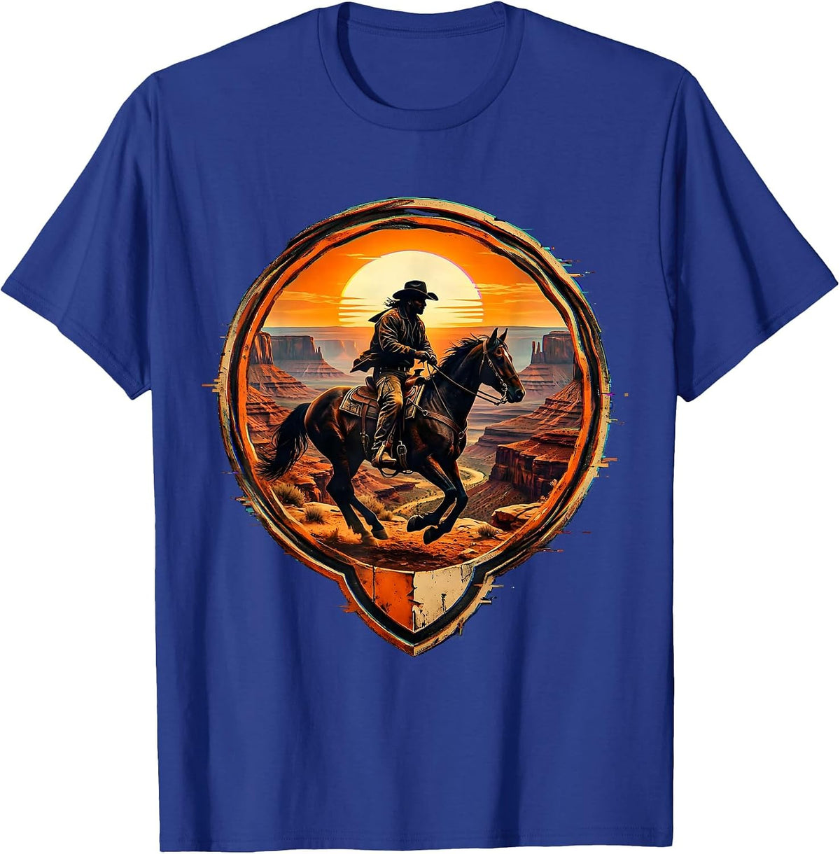 Cowboy Riding Horse Through Canyon at Sunset T-Shirt - Royal Blue