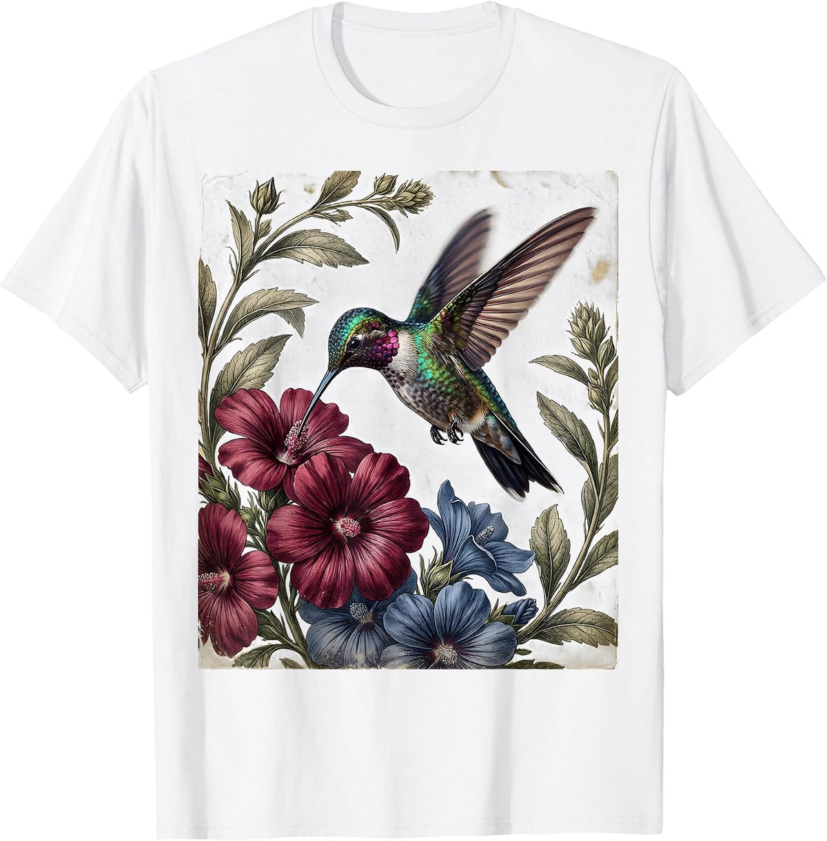 Men's Hummingbird Red White and Blue Floral Design T-Shirt - White