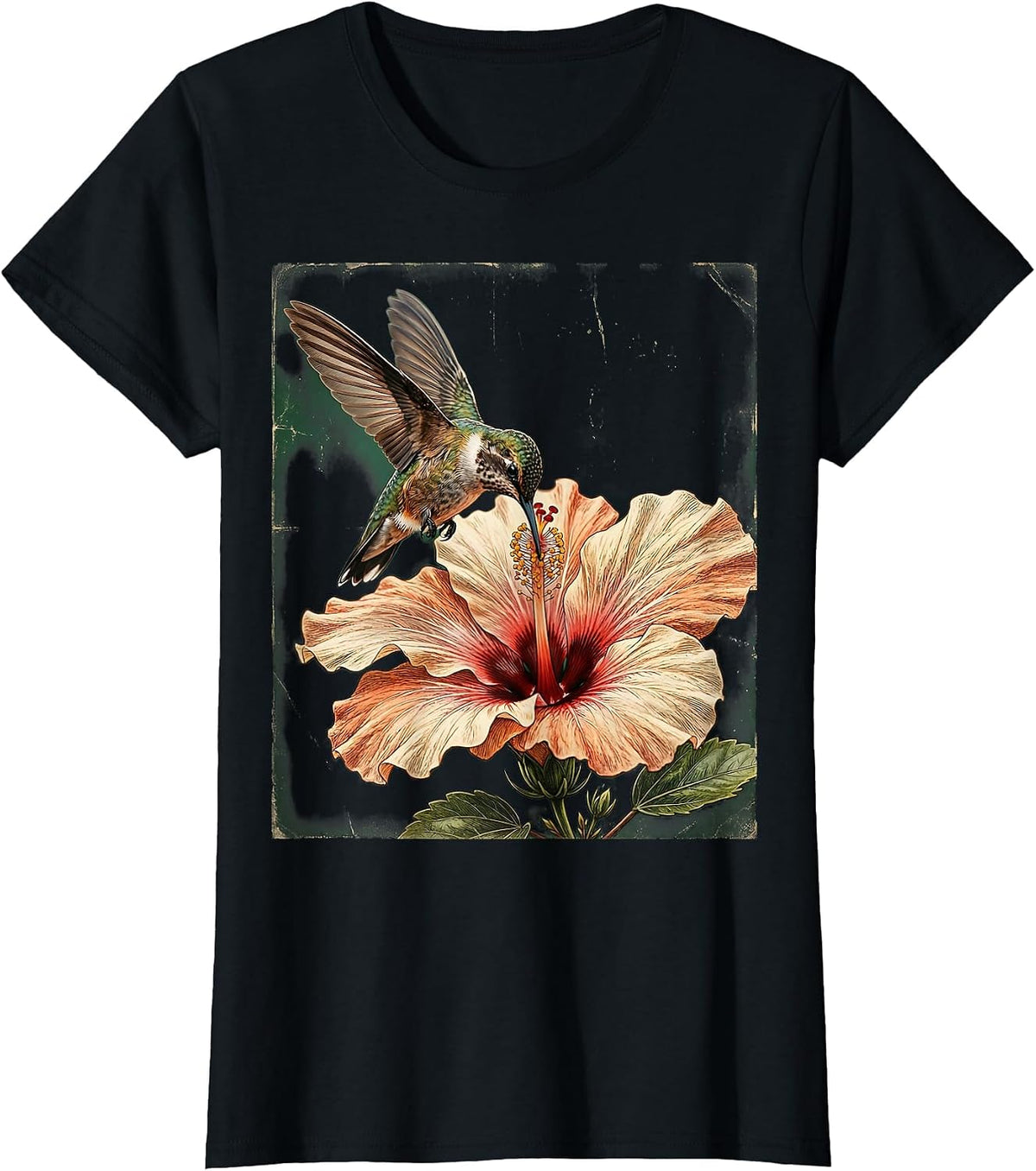 Hummingbird and Hibiscus Floral Illustration T-Shirt - Black