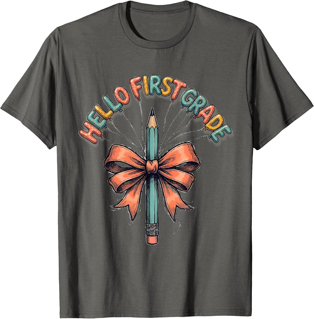 Hello First Grade Cute Back to School Pencil Bow Gift T-Shirt - Asphalt Grey
