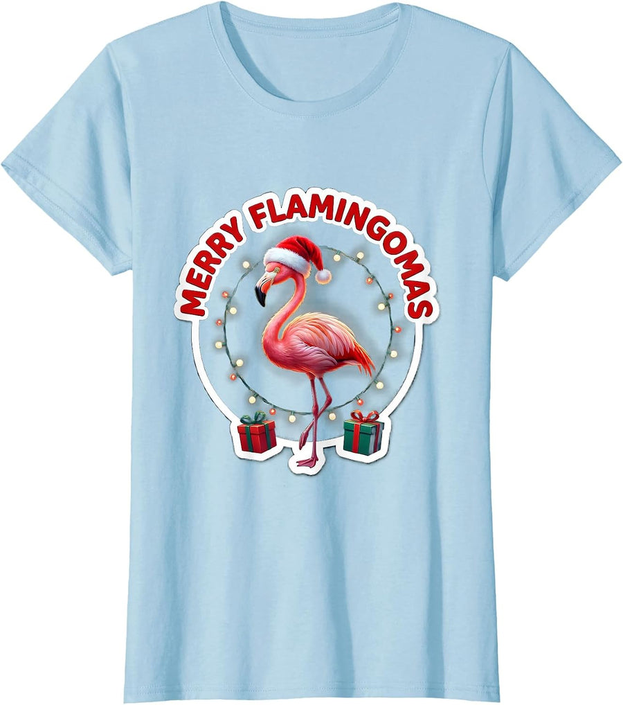 Women's Merry Flamingomas Sticker Funny Flamingo Lover Christmas T-Shirt - Baby Blue