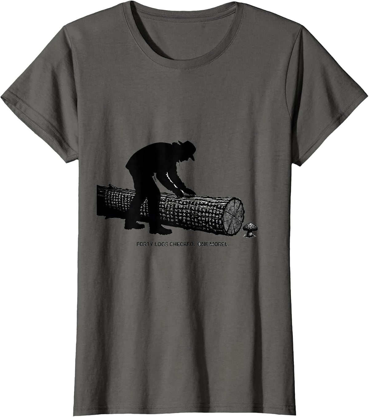Women's Forty Logs Checked. One Morel. Funny Mushroom Forager Morel T-Shirt - Asphalt Grey