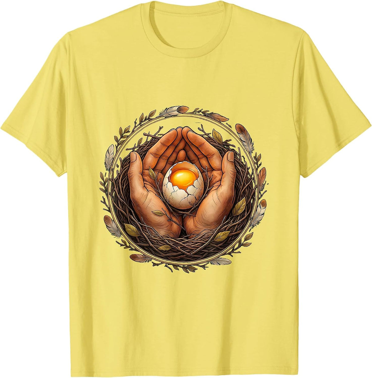 Men's Kindness Nest Hands Cradling Cracked Egg Design T-Shirt - Lemon Yellow