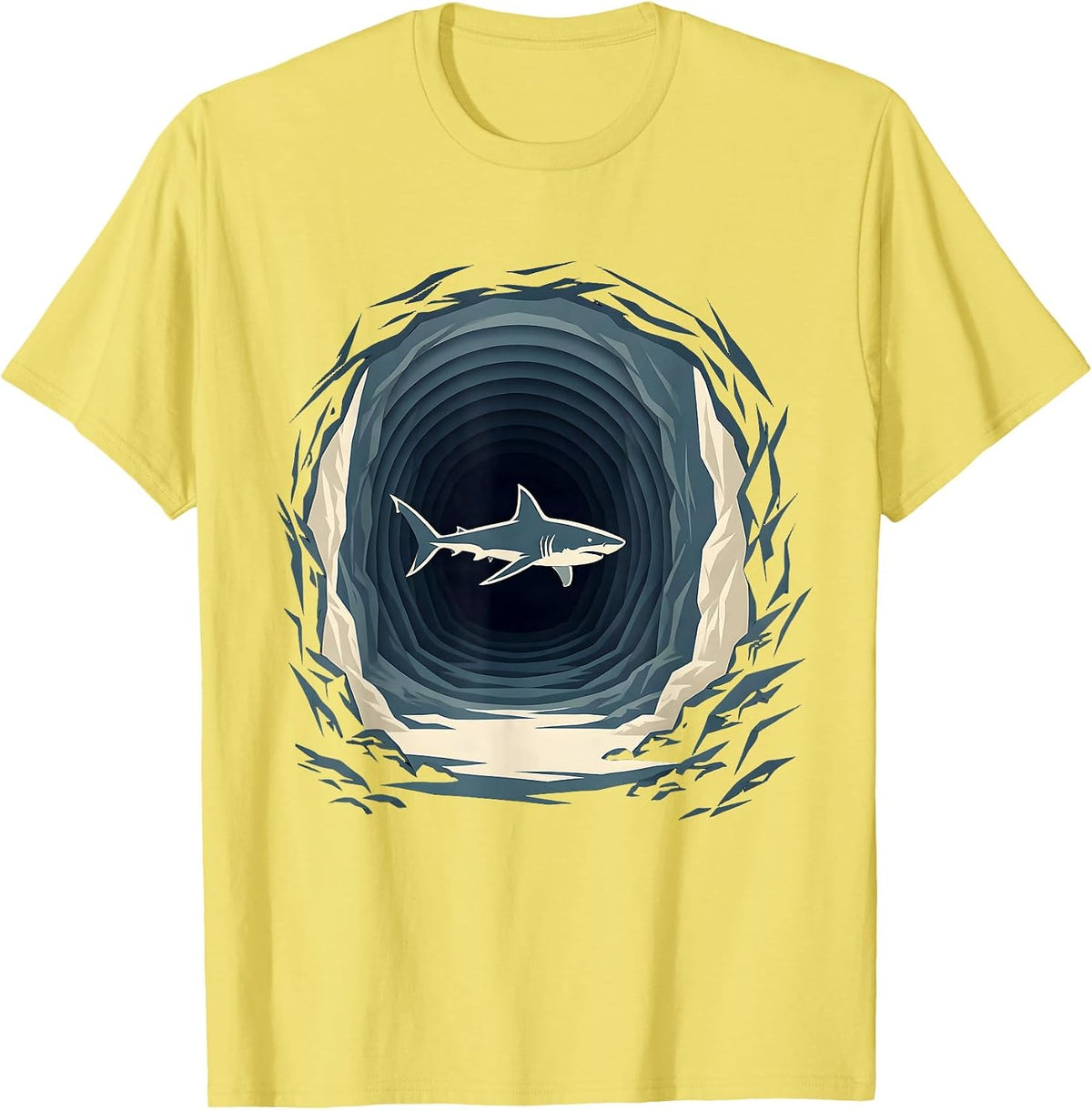 Men's Shark Swimming Through Underwater Cave Tunnel T-Shirt - Lemon Yellow
