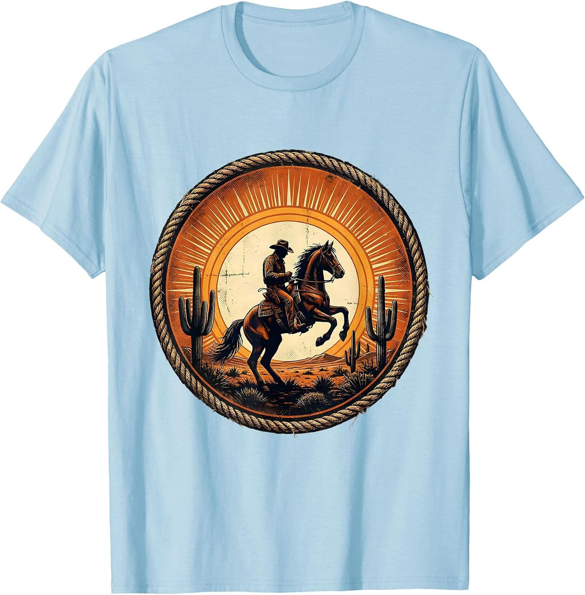 Men's Cowboy Silhouette Riding Horse at Sunset T-Shirt - Baby Blue