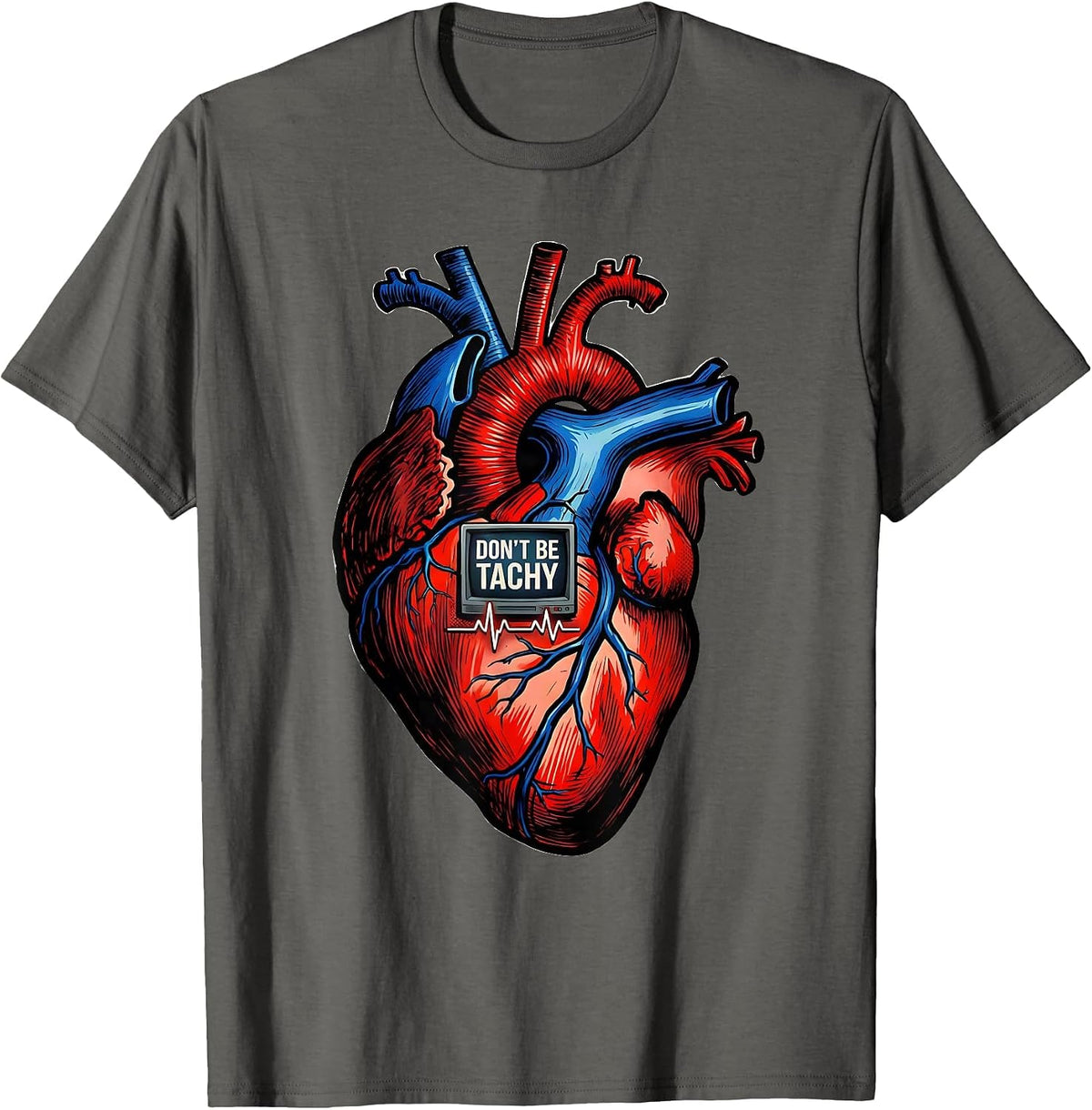 Don't Be Tachy Comic Book Cardiac Nurse Anatomy Humor T-Shirt - Asphalt Grey