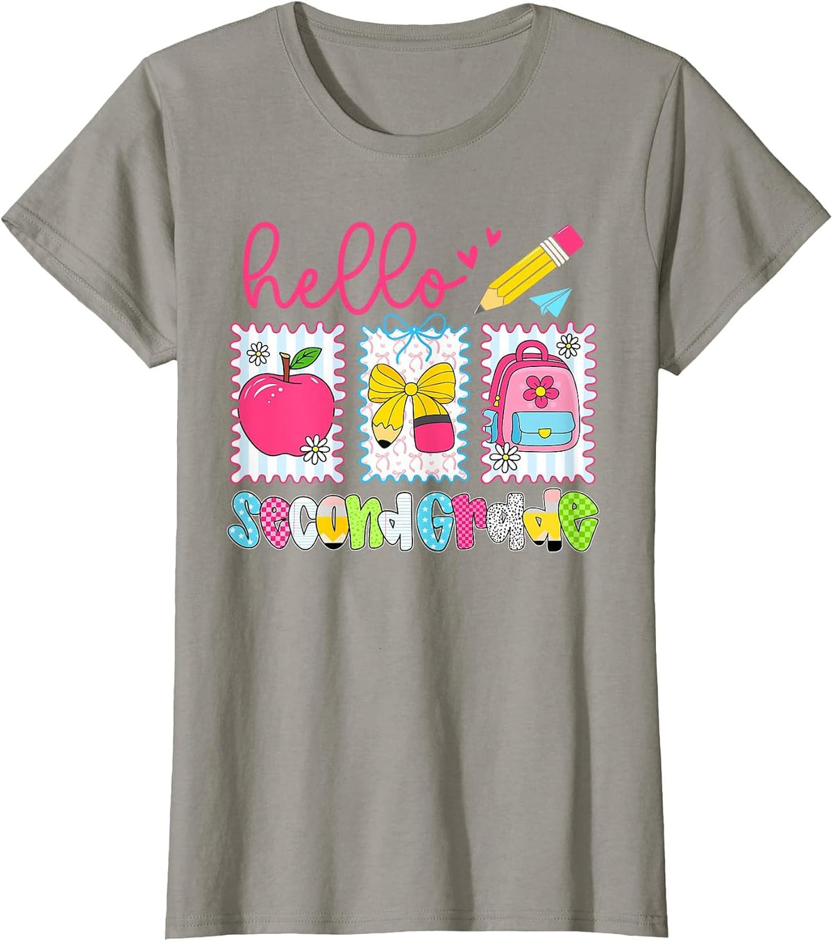 Preppy Hello Second Grade Team Back to School Teachers Kids T-Shirt, Women, Slate Grey, X-Small - As Pictured