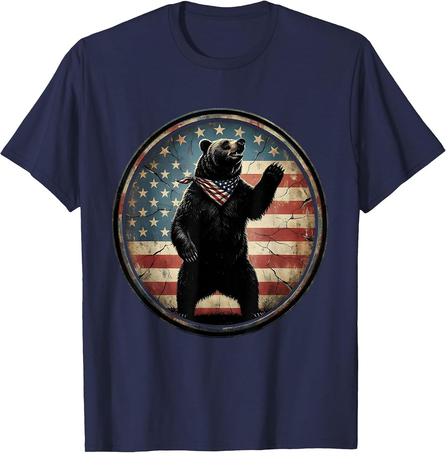 Patriotic Bear Stars and Stripes Bandana Design T-Shirt - Navy Blue