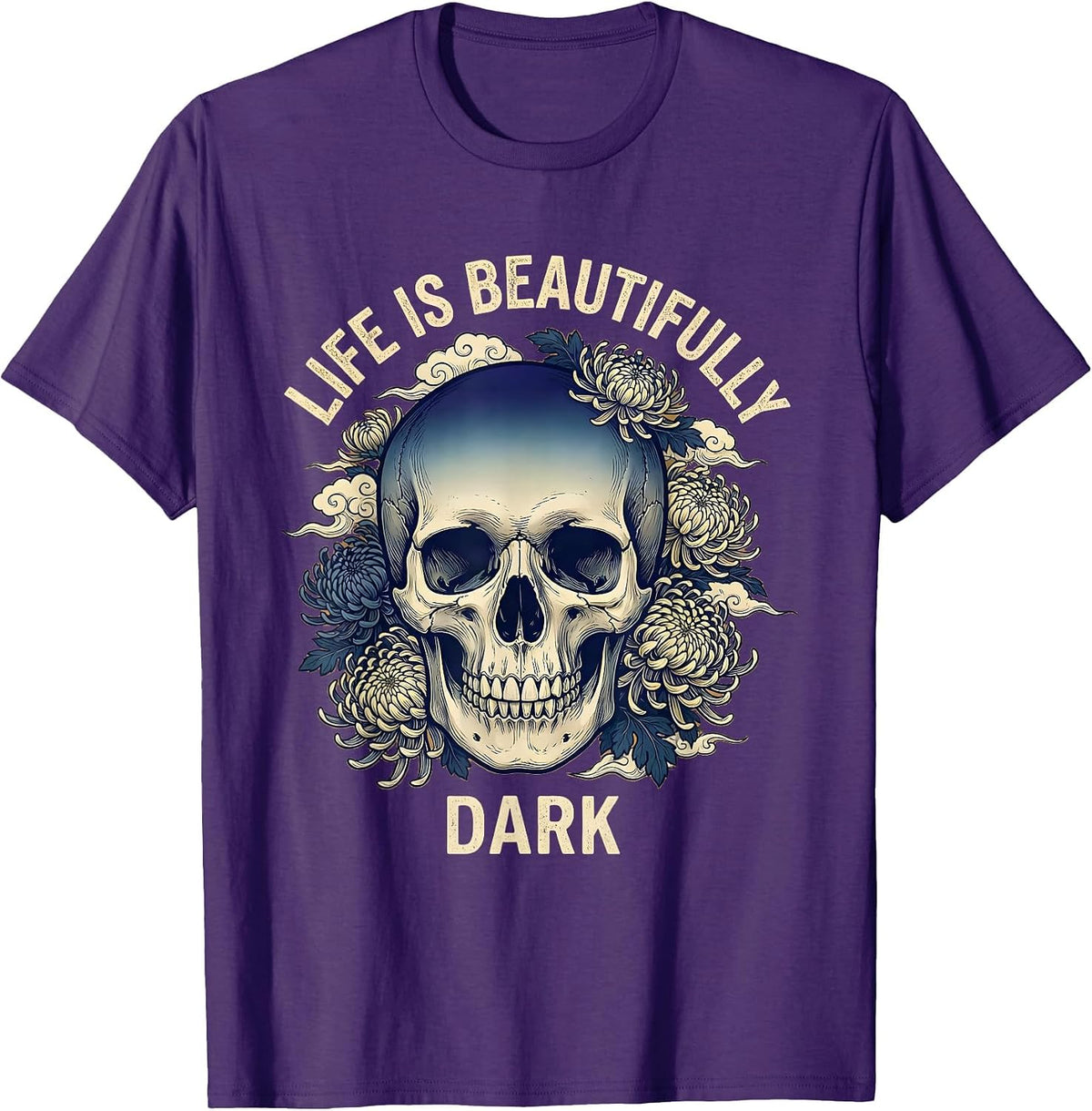 Life Is Beautifully Dark Skull Graphic Design T-Shirt - Purple