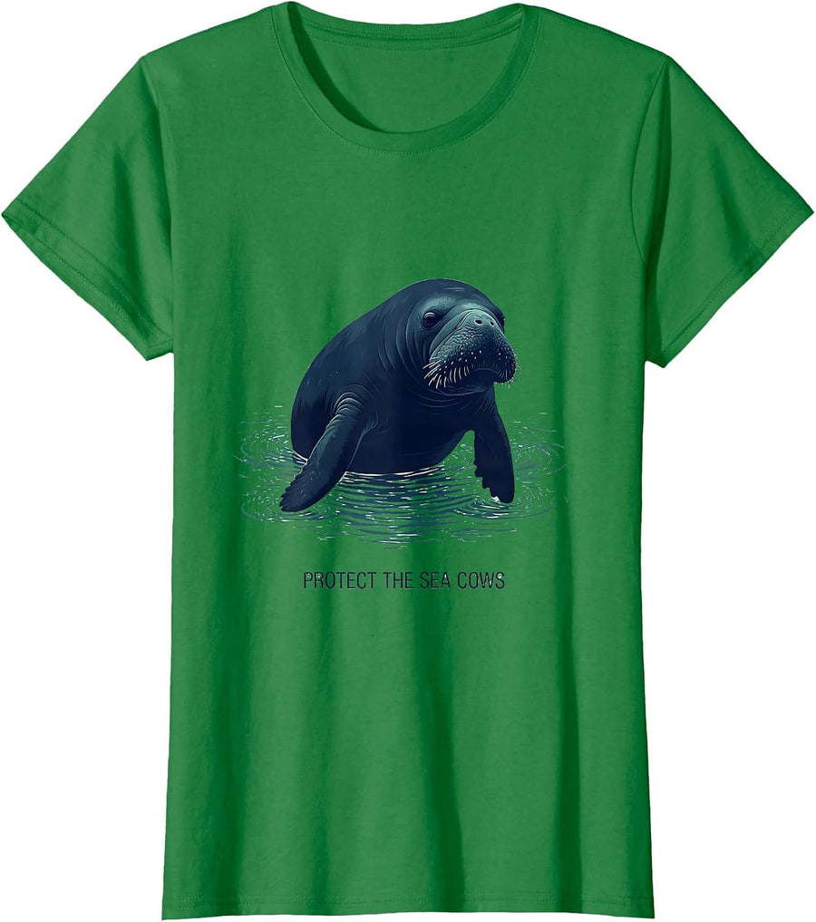 Women's Protect The Sea Cows Manatee Lover Crystal River Florida T-Shirt - Kelly Green