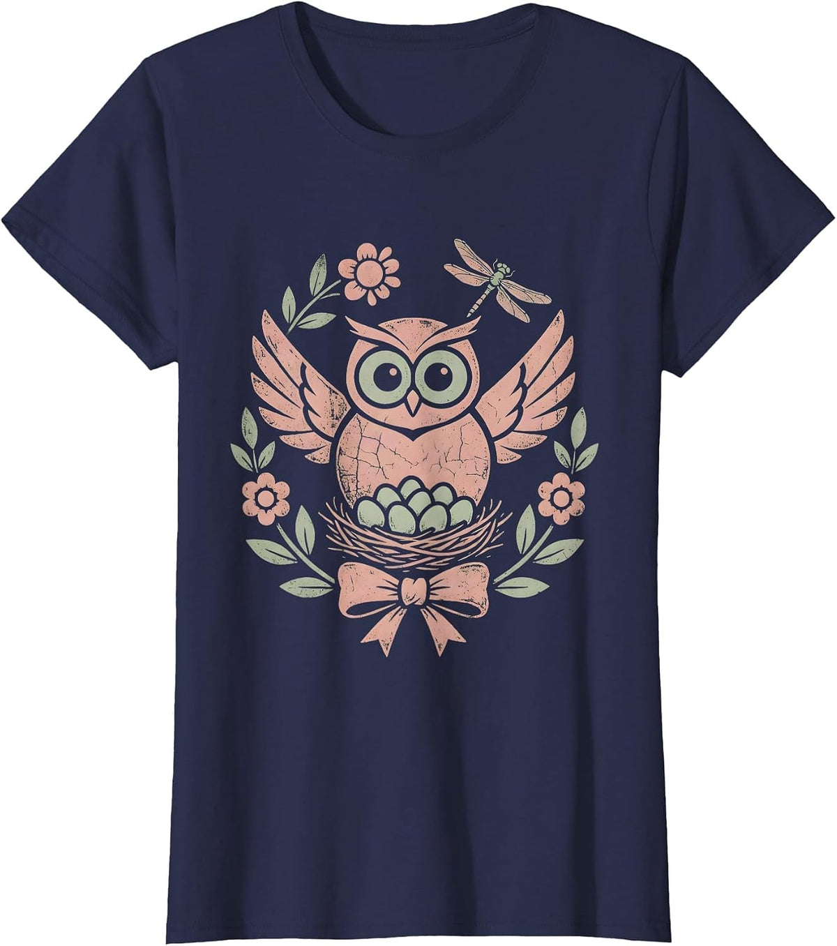 Women's Mother Owl Watching Over Nest at Night T-Shirt - Navy Blue