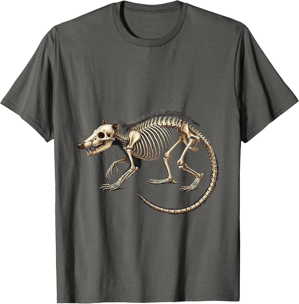 Opossum Skeleton Mid-Stride Dark Background T-Shirt - Asphalt Grey