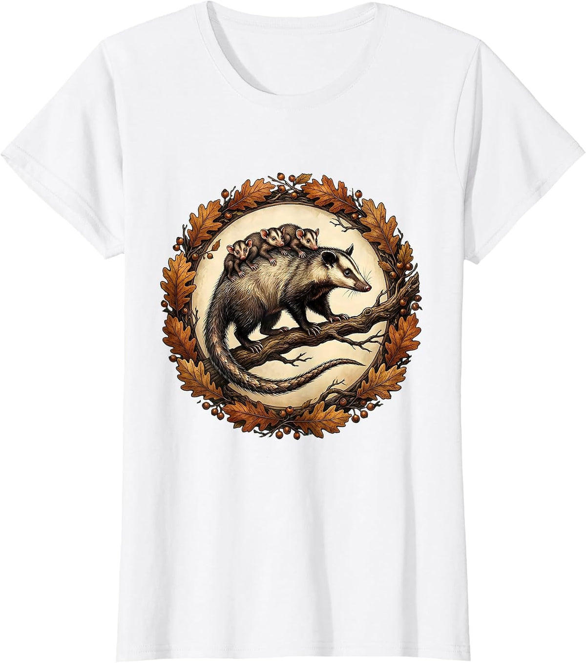 Women's Opossum Mother with Babies on Back Graphic Tee T-Shirt - White