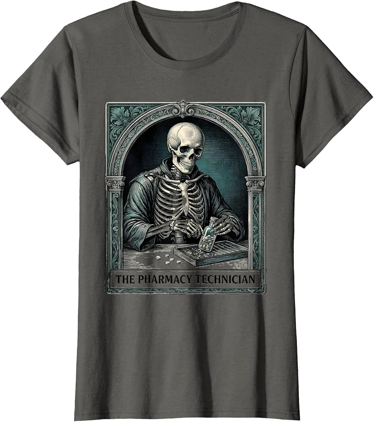 Women's The Pharmacy Technician Skeleton Tarot Card Halloween Humor T-Shirt - Asphalt Grey