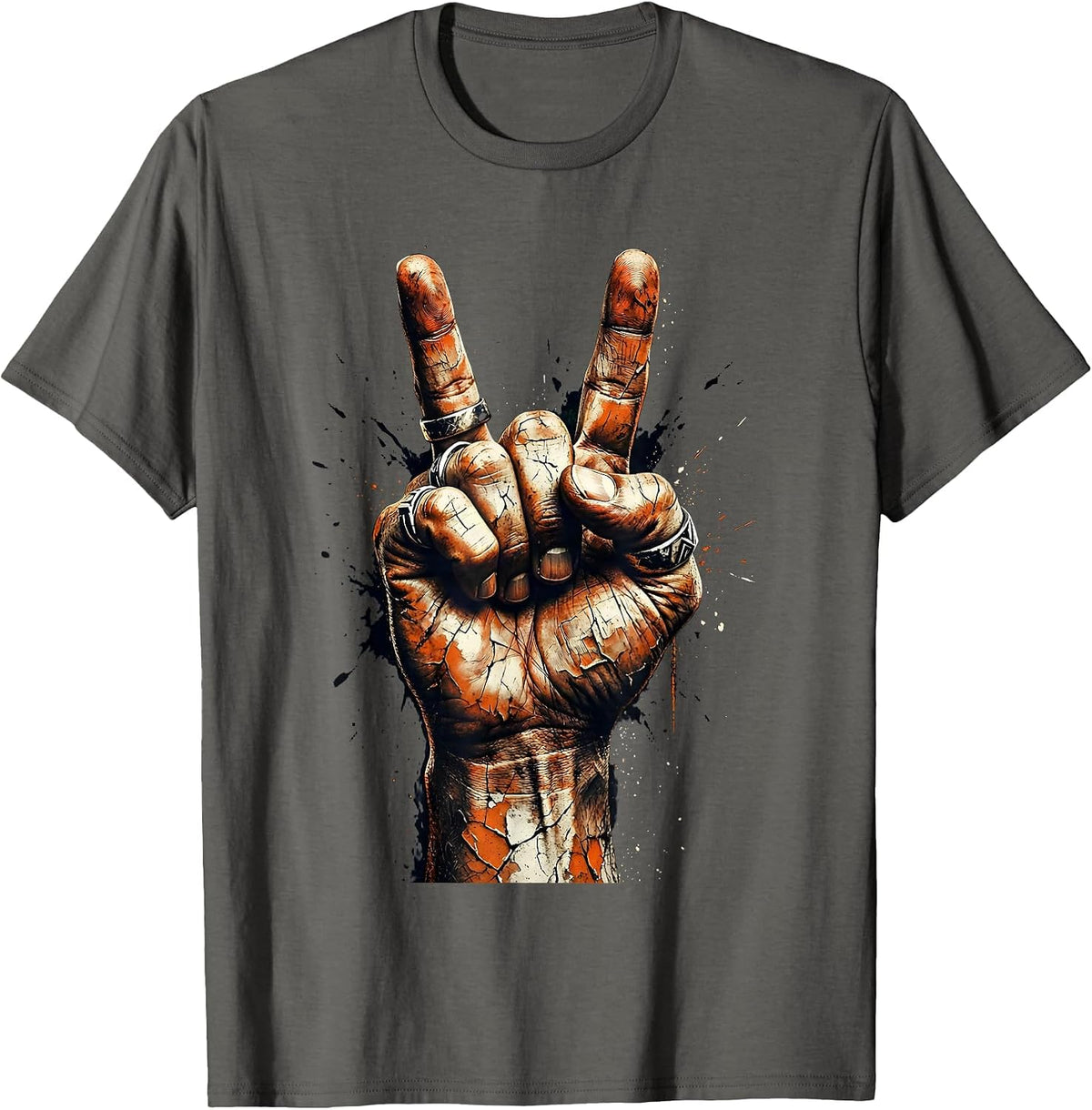 Men's Rock Devil Horns Hand Gesture Rings Graphic T-Shirt - Asphalt Grey