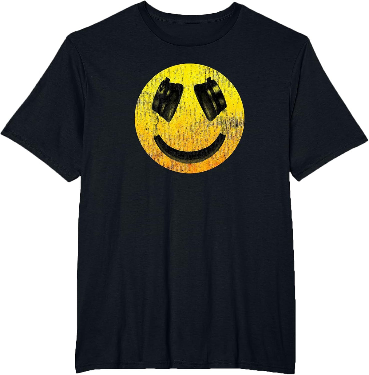 Vintage Distressed Smiling Headphones Happy face T-Shirt - Black