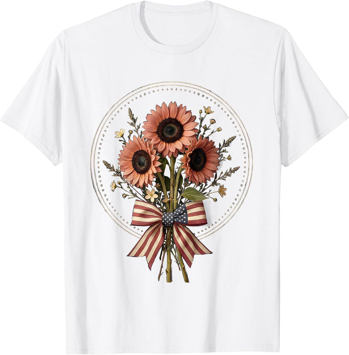 Sunflower Bouquet American Flag Patriotic Design T-Shirt - White
