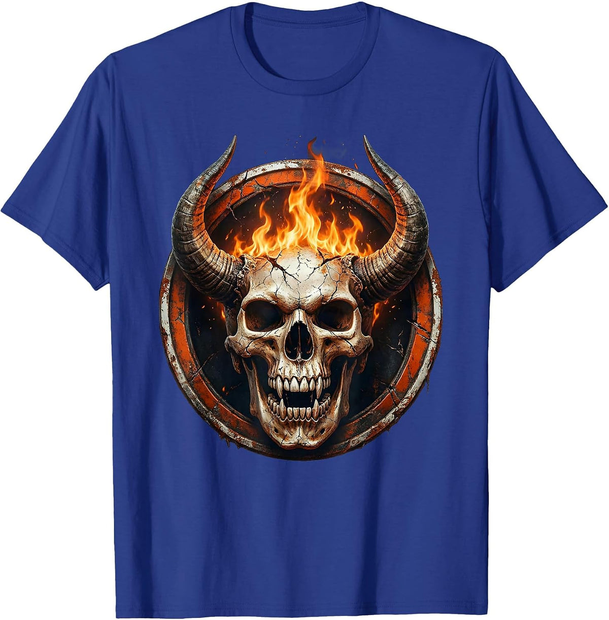 Men's Horned Demon Skull Fire Breathing Dark Art Design T-Shirt - Royal Blue