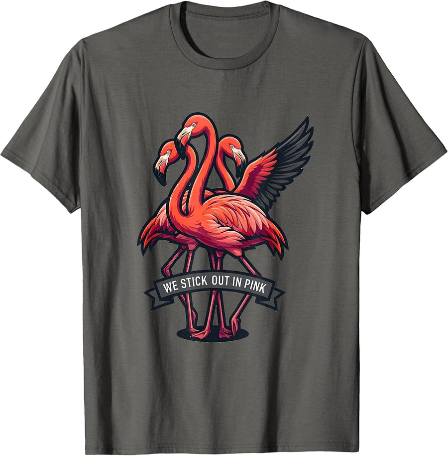 We Stick Out In Pink Funny Flamingo Animal Humor Mascot Logo T-Shirt - Asphalt Grey