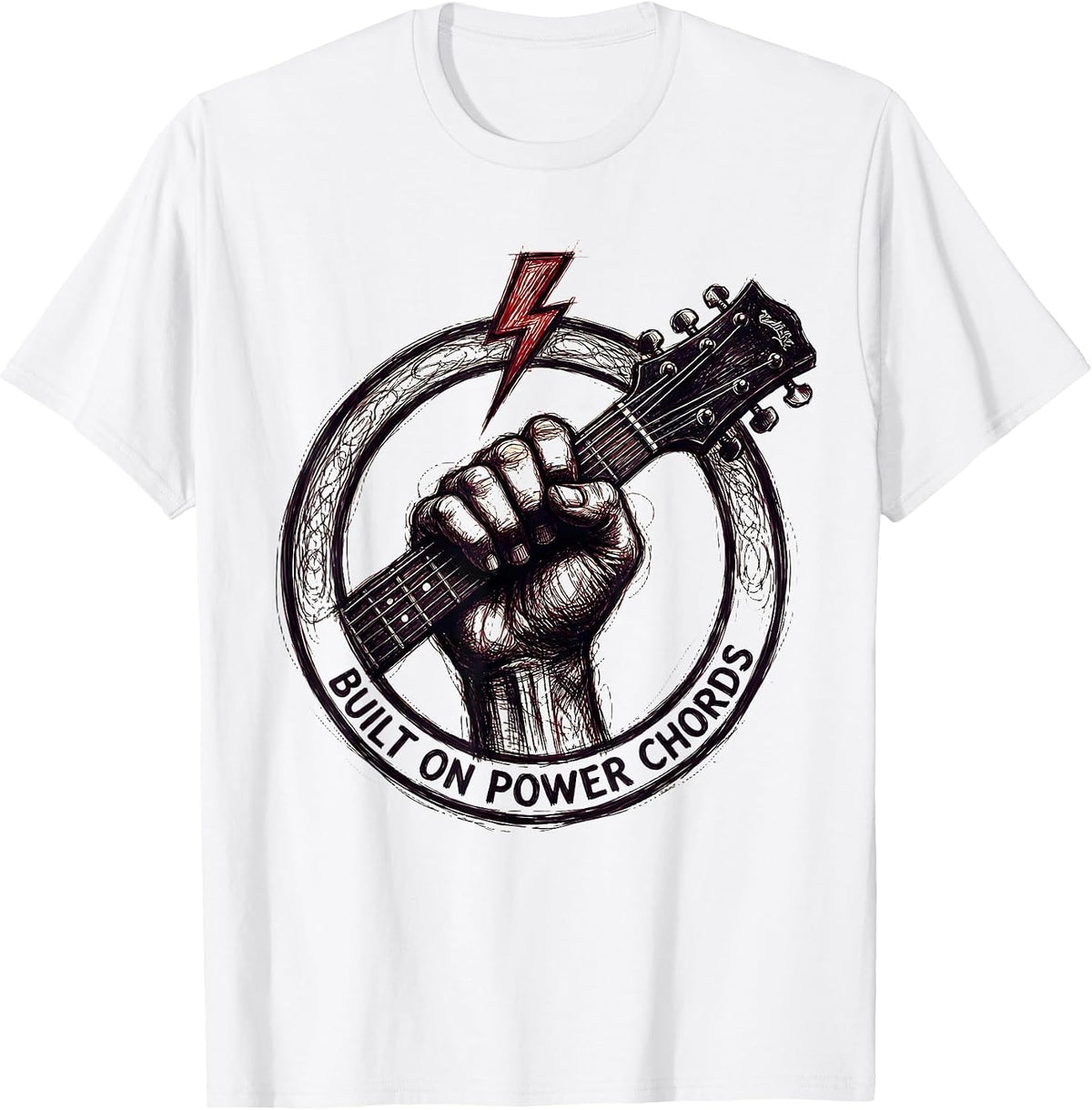 Men's Built on Power Chords Heavy Metal Guitar Design T-Shirt - White