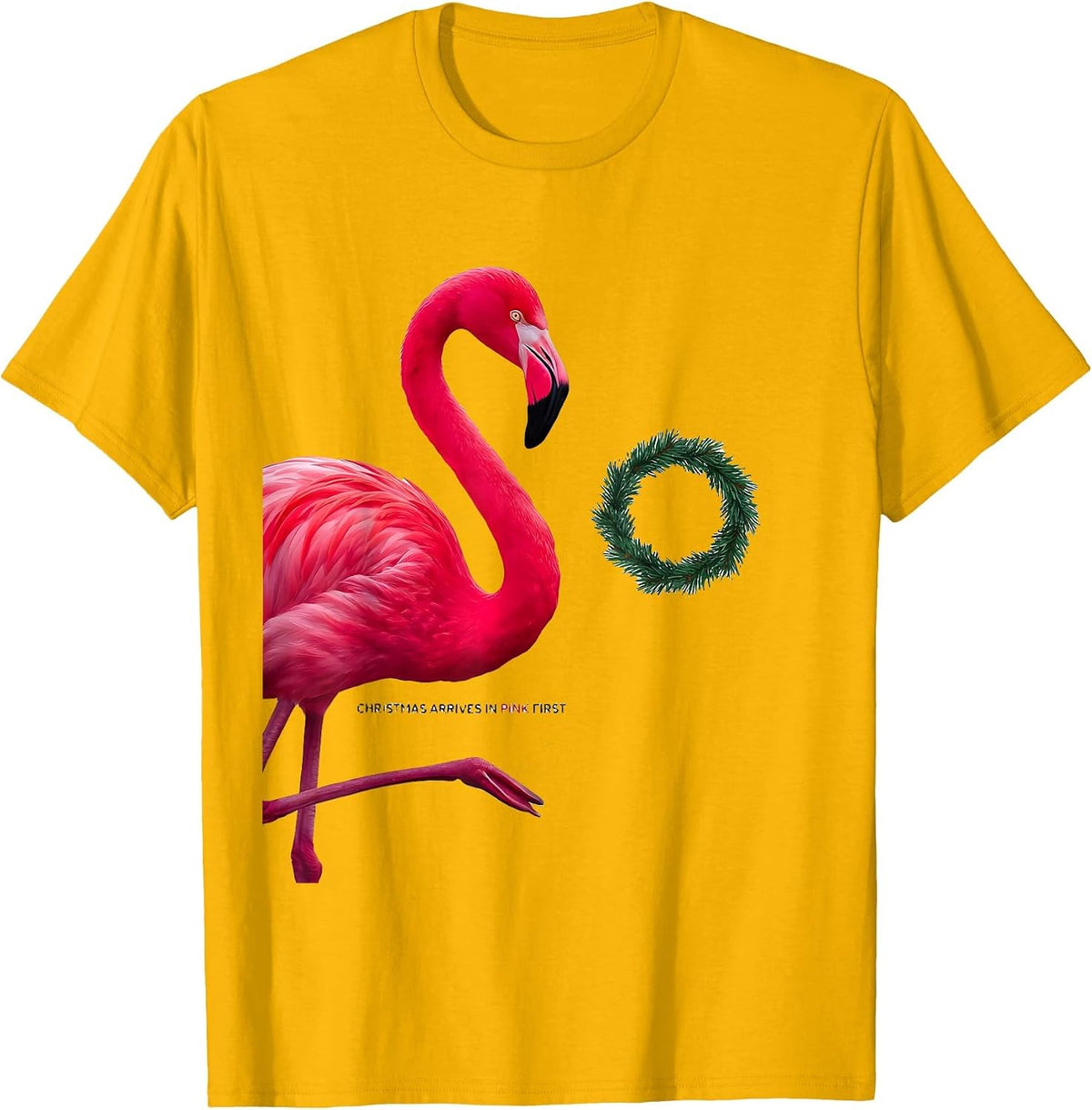 Christmas Arrives In Pink First Funny Pink Flamingo T-Shirt - Golden Yellow