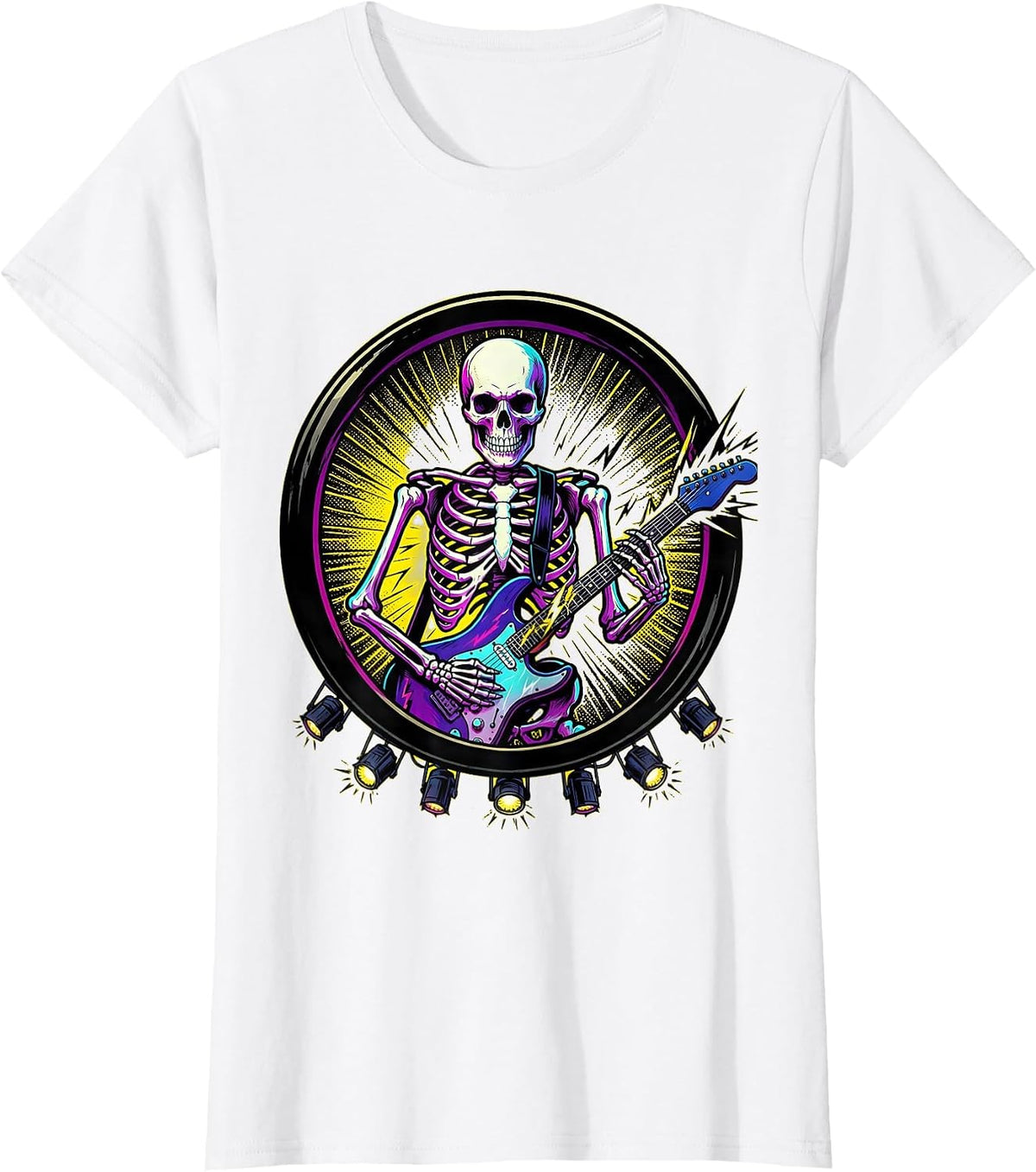 Skeleton Guitarist Rock Stage 80s Band Graphic T-Shirt - White