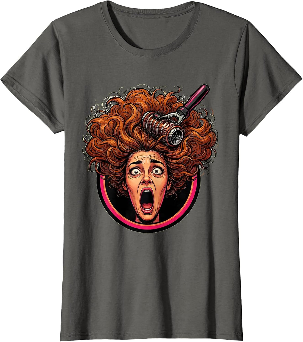 Women's Hair Tangled in Curling Iron Funny Graphic T-Shirt - Asphalt Grey