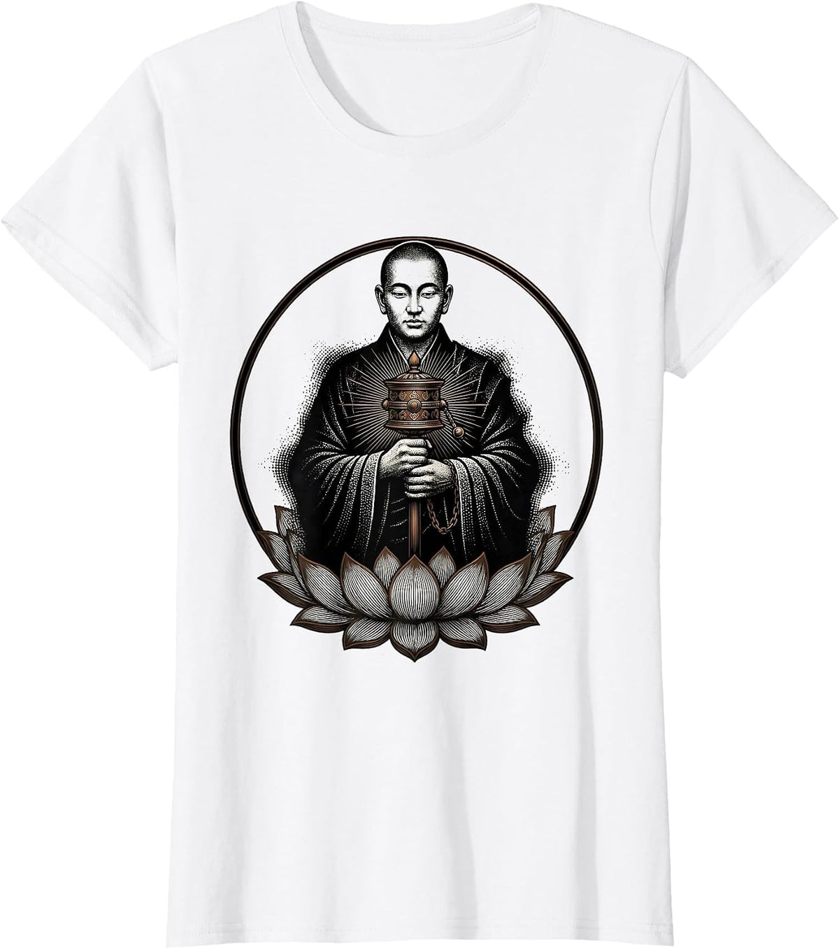 Women's Tibetan Monk with Prayer Wheel Illustration T-Shirt - White