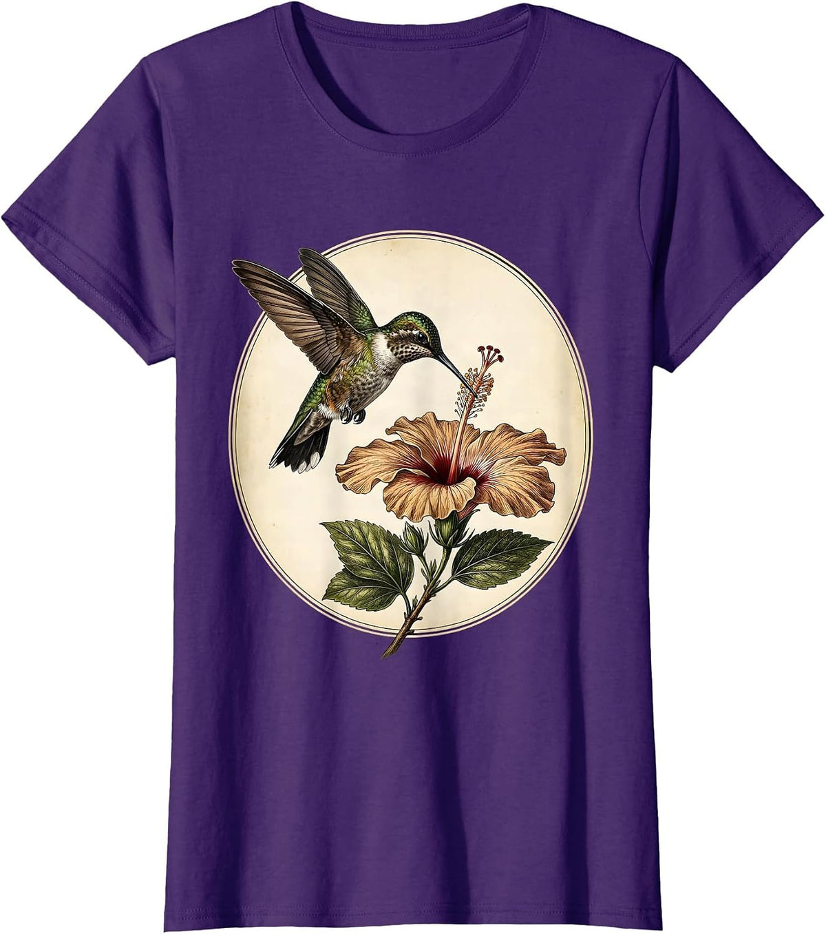 Women's Hummingbird and Hibiscus Flower Graphic T-Shirt - Purple