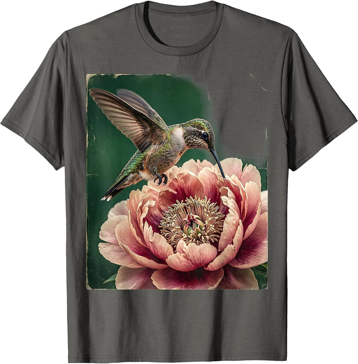 Hummingbird Pink Peony Bloom Floral Art T-Shirt - Asphalt Grey