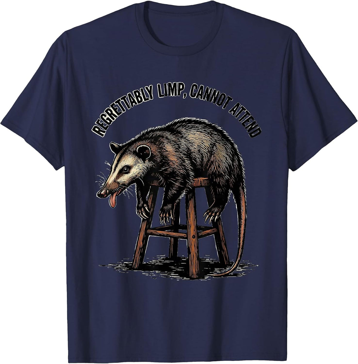 Regrettably Limp Cannot Attend Funny Opossum Meme Absurdist T-Shirt - Navy Blue