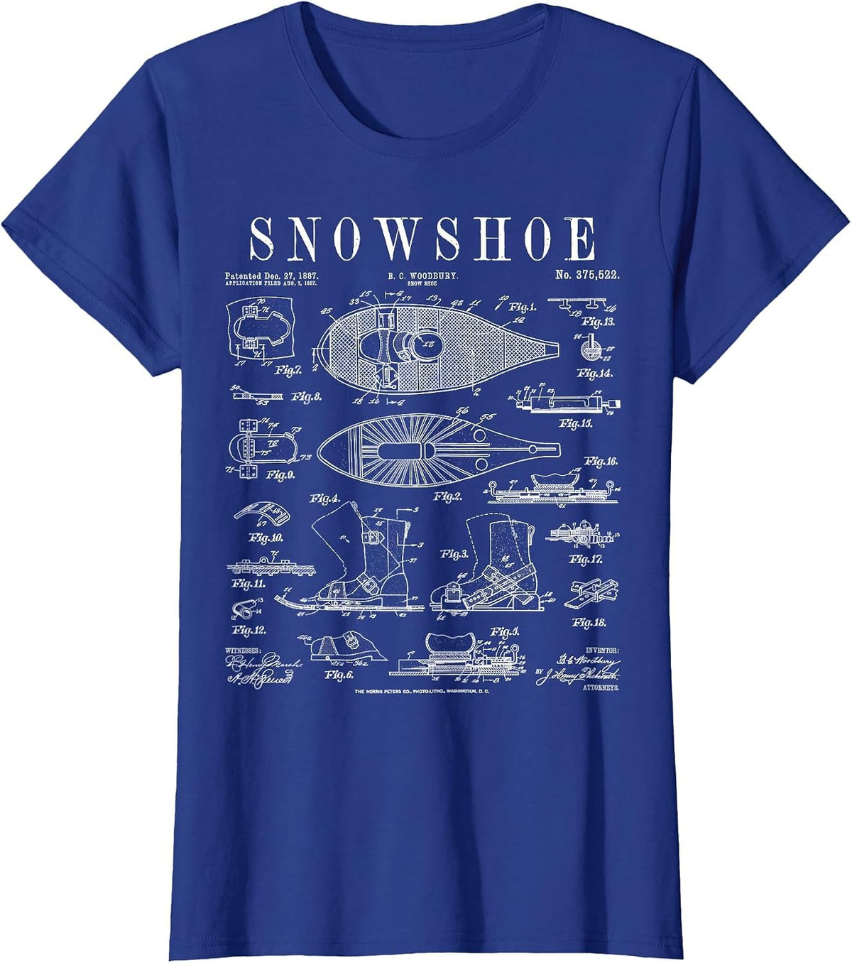 Snowshoe Snowshoeing Winter Hiking Vintage Patent Print T-Shirt - Royal Blue