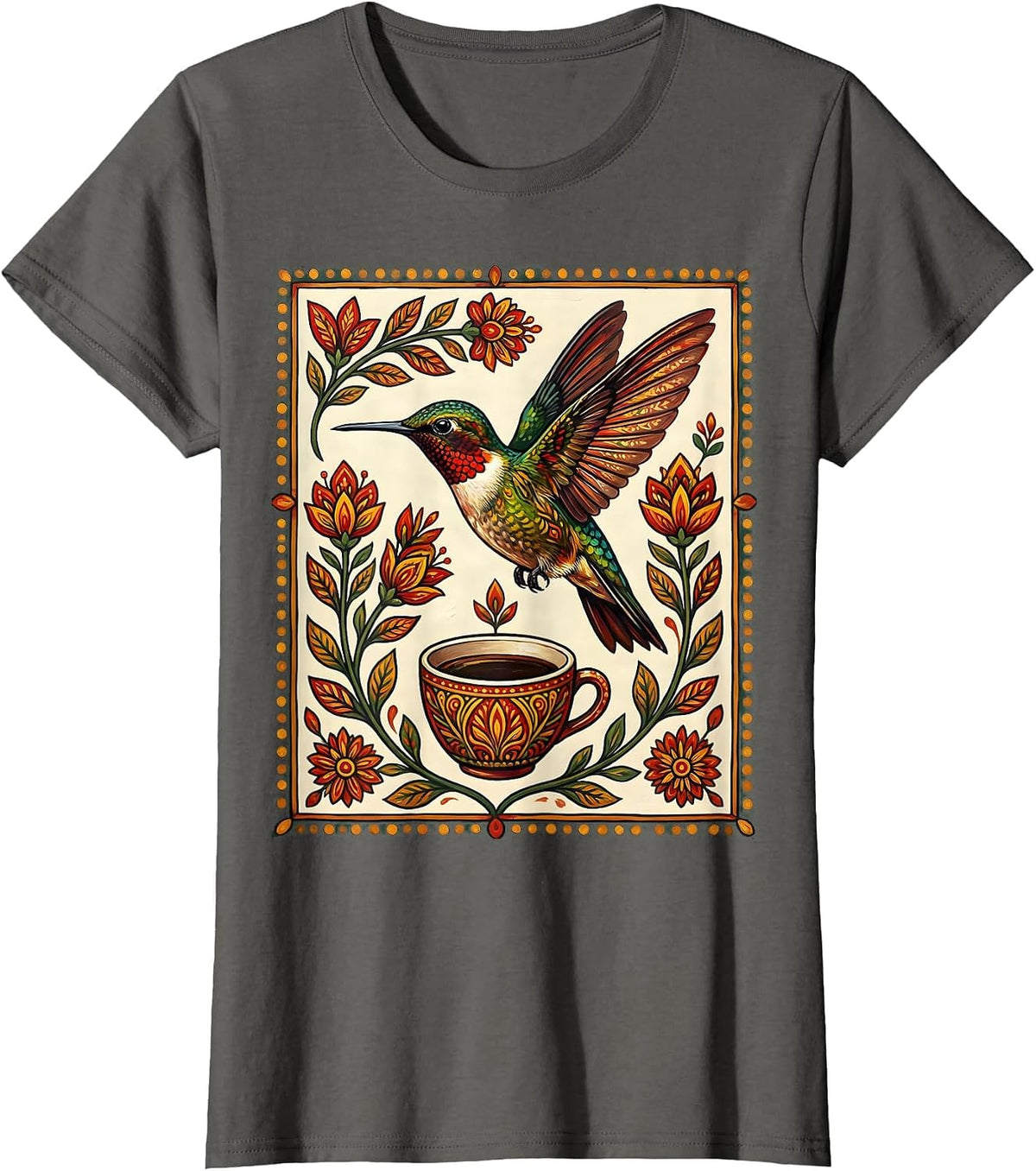 Women's Hummingbird Espresso Coffee Lover Graphic Tee T-Shirt - Asphalt Grey